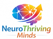 Logo for NeuroThriving Minds, featuring a stylised human brain made of interconnected nodes and lines in a vibrant gradient of blue, purple, pink, orange, and yellow. An upward-curving arrow emerges from the brain, symbolising growth and progress. Below the graphic, the words ‘NeuroThriving Minds’ appear in a matching multicolour gradient on a black background